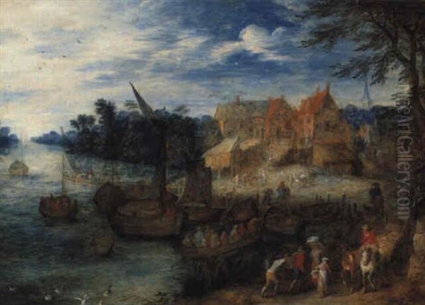 A River Landscape With Travellers Walking Beside Moored Boats - view 1