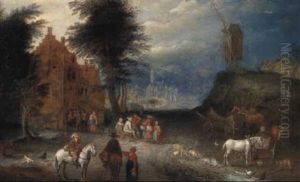A Wooded Landscape With Peasants Eating And Drinking By An Inn by Joseph van Bredael