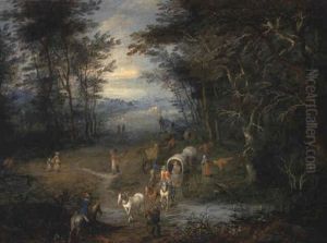 A Wooded Landscape With Peasants In A Wagon Fording A Stream by Joseph van Bredael