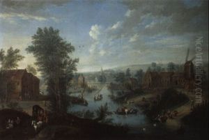 River Landscape With Village Buildings On The Horizon by Joseph van Bredael