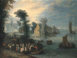 River Landscape With Townsfolk Disembarking From A Ferry