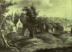 Village With A Windmill On The Banks Of A River by Joseph van Bredael