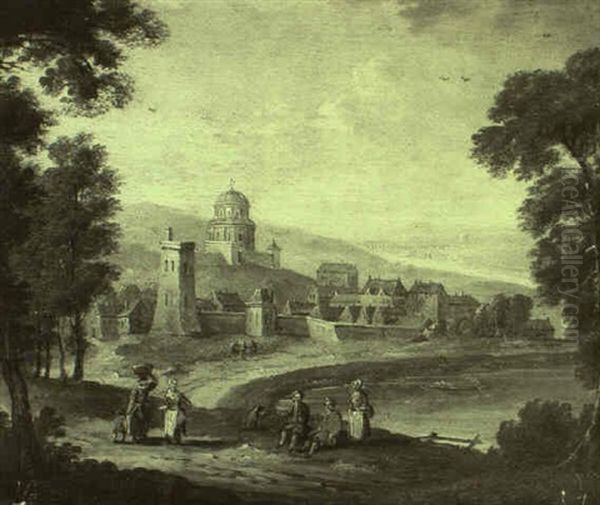 Figures Resting On The Roadside Approaching A Town - view 1