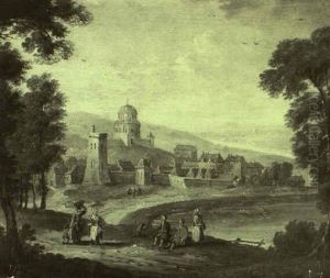 Figures Resting On The Roadside Approaching A Town
