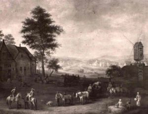 Village Landscape With Horses And Figures, A River Beyond by Joseph van Bredael