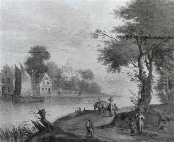 A River Landscape With A Woman Carrying A Basket Of Fish On Her Head Conversing With A Man And His Dog On A Woodland - view 1