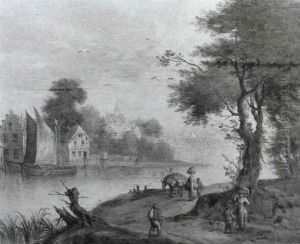 A River Landscape With A Woman Carrying A Basket Of Fish On Her Head Conversing With A Man And His Dog On A Woodland by Joseph van Bredael