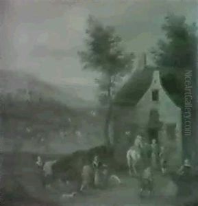 Landscape With Riders And Other Figures Beside A House by Joseph van Bredael