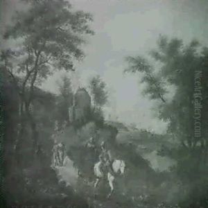 An Extensive Landscape With Peasants In A Cart On A Path by Joseph van Bredael