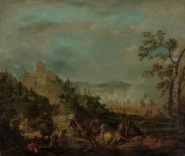 A Cavalry Skirmish With A Fortified Town Beyond - view 1