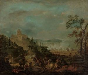 A Cavalry Skirmish With A Fortified Town Beyond