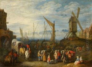 Harbour Scene With A Mill by Peeter van Bredael