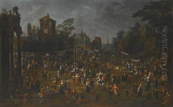 A Busy Market Scene In A Town Square With Many Figures Shopping, Bargaining And Socializing Beneath A Statue Of Justice In The Centre - view 1