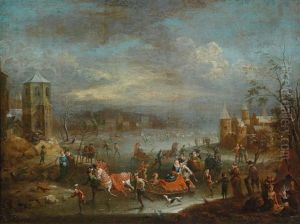 Landschaften Mit Einem Von Zahlreichen Personen Umgebenen Eleganten Paar Bzw. Einem Eisvergnugen (pair) by Peeter van Bredael