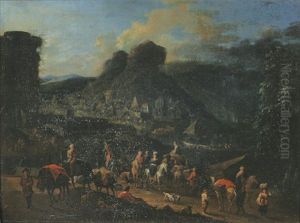 Rastende Reisende Bei Einer Am Wasser Gelegenen Stadt by Peeter van Bredael