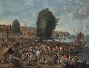 A Coastal Landscape With A Market by Peeter van Bredael
