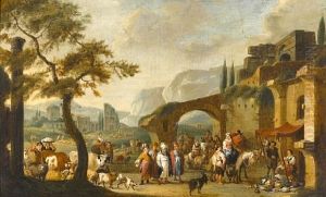 A Market Scene Before Ruins Of A Town