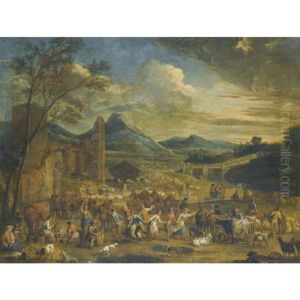 An Extensive And Mountainous River Landscape With Numerous Figures Merrymaking In The Foreground Before Ancient Ruins by Peeter van Bredael