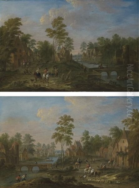 Village Fluvial Anime De Promeneurs, De Cavaliers Et De Pecheurs Sur Des Barques (+ Village Fluvial Avec Des Cavaliers, Des Promeneurs Et Des Pecheurs Tirant Leurs Filets; Pair) - view 1
