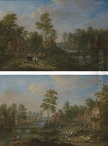 Village Fluvial Anime De Promeneurs, De Cavaliers Et De Pecheurs Sur Des Barques (+ Village Fluvial Avec Des Cavaliers, Des Promeneurs Et Des Pecheurs Tirant Leurs Filets; Pair) by Peeter van Bredael