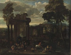 Figures At A Country Fair Near Roman Ruins, A Classical City Beyond by Peeter van Bredael