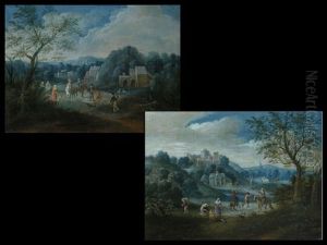Bauern Auf Dem Weg Zum Markt (+ Personenstaffage Mit Reitern In Landschaft; Pair)