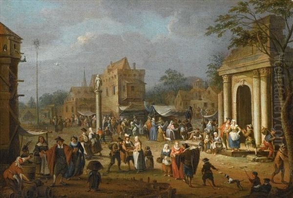 A Busy Market Scene Amongst Classical Ruins - view 1