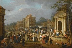 A Busy Market Scene Amongst Classical Ruins by Peeter van Bredael