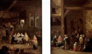 Reunion De Paysans Dans Une Auberge (+ Another; Pair) by Peeter van Bredael