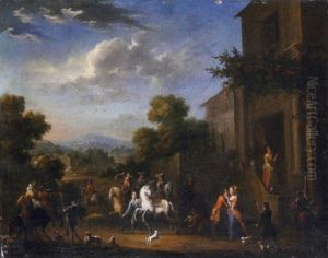 The Courtyard Of An Elegant Mansion With Figures Departing For The Hunt by Peeter van Bredael