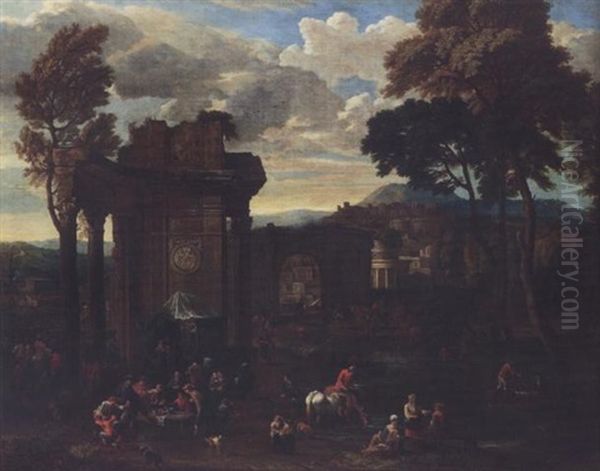 A Country Fair With Traders Exhibiting Their Wares Beneath A Roman Ruin, A Commedia Dell'arte Performance To The Left And Figures Watering Their Horses And Bathing In A River Before A Classical City - view 1
