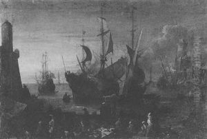 Ships In A Harbour With Figures Picnicking Along The Quay