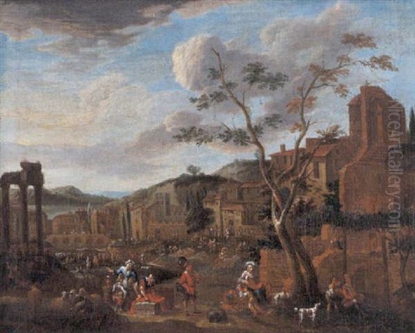 Zuiders Markttafereel Met Antieke Ruines - view 1