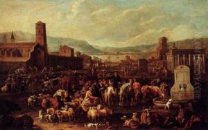 A Mediterranean Market Scene With Figures And Cattle Around A Classical Fountain, Surrounded By Classical Buildings by Peeter van Bredael