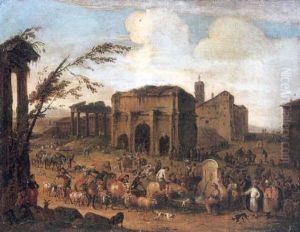 A Capriccio Of A Roman Marketplace With Peasants And Levants At A Fountain by Peeter van Bredael