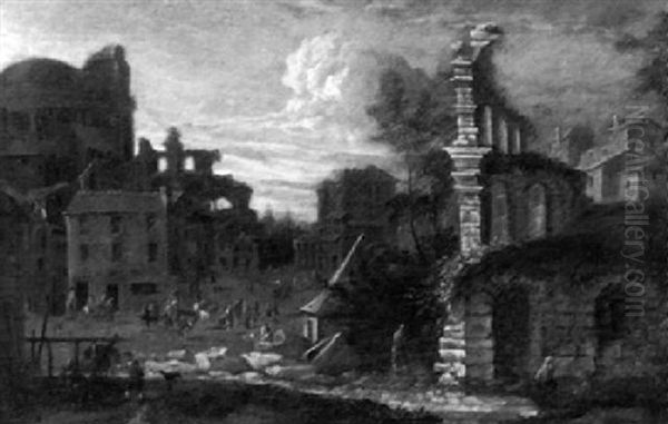 Villagers And Horsemen On A Market Square In An Italianate Town Among Classical Ruins - view 1