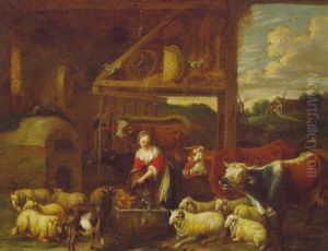 A Farm Maid Feeding Livestock In A Farmyard by Peeter van Bredael