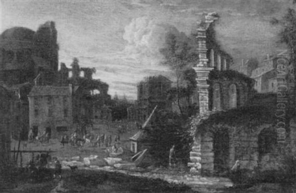 Villagers And Horsemen On A Market Square Among Classical Ruins - view 1