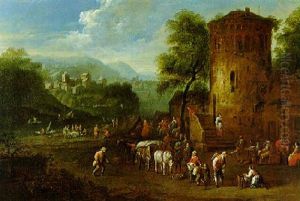 Fluslandschaft Mit Vielen Figuren Und Blick Auf Eine Stadt by Peeter van Bredael