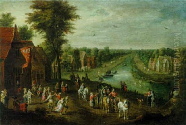 Village Landscape With Figures Dancing Outside A Tavern, Mounted Travellers Resting, A Canal Beyond - view 1