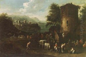 A Coastal Landscape With Peasants Selling Their Wares Outside An Inn