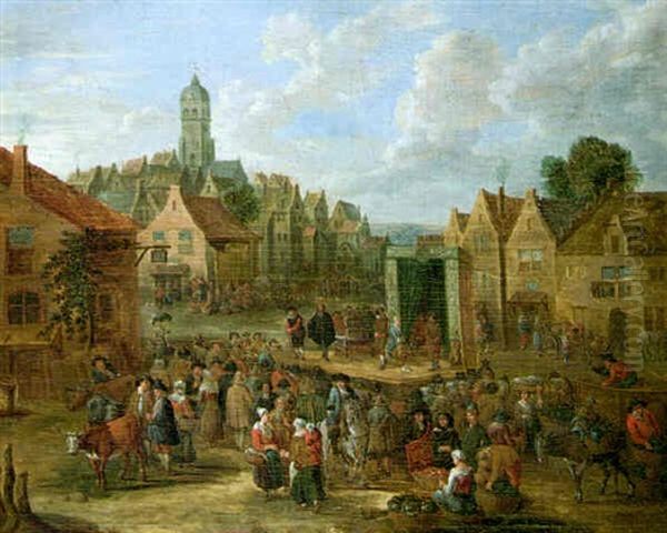 A Town Square With Figures Gathered Around A Performance Of The Commedia Dell'arte - view 1