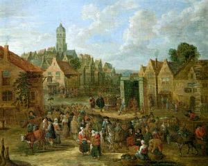 A Town Square With Figures Gathered Around A Performance Of The Commedia Dell'arte