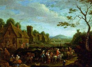 Travellers Arriving In A Village, A River Beyond