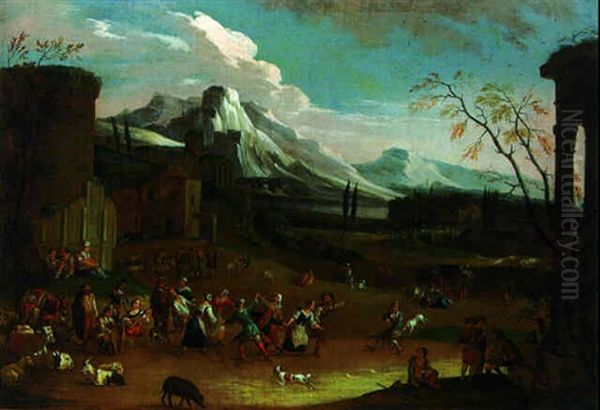 Peasants Dancing On The Ourtskirts Of A Town, Mountain Beyond - view 1
