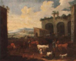Landscape With Herders Resting Their Animals Beside Buildings