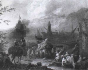 A Levantine Harbour With A Ferry And Travellers