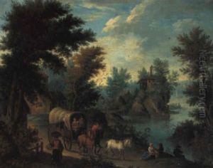 A Wooded River Landscape With Travellers On A Path by Peeter van Bredael