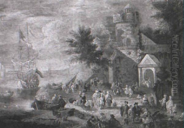 Coastal Inlet With Figures At A Market With Fishermen Selling Their Catch - view 1