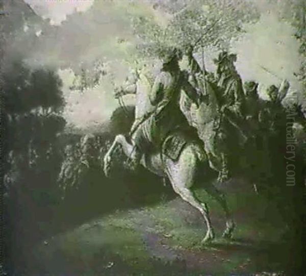 Two Mounted Soldiers Crossing Swords Before A Warring Army - view 1